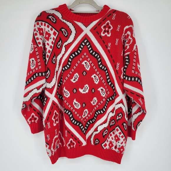 Vintage Bandana Print Knit Sweater Crew Neck Long Sleeve Red Traffic Jam Medium - Picture 1 of 6